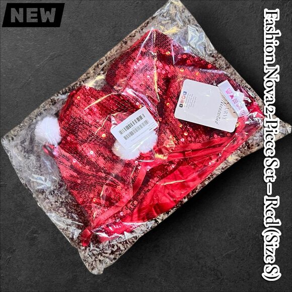 New Fashion Nova Shiniest Toy Sequin Pom Pom Bra & Panty 2-Piece Set – Red (Size - Picture 3 of 4